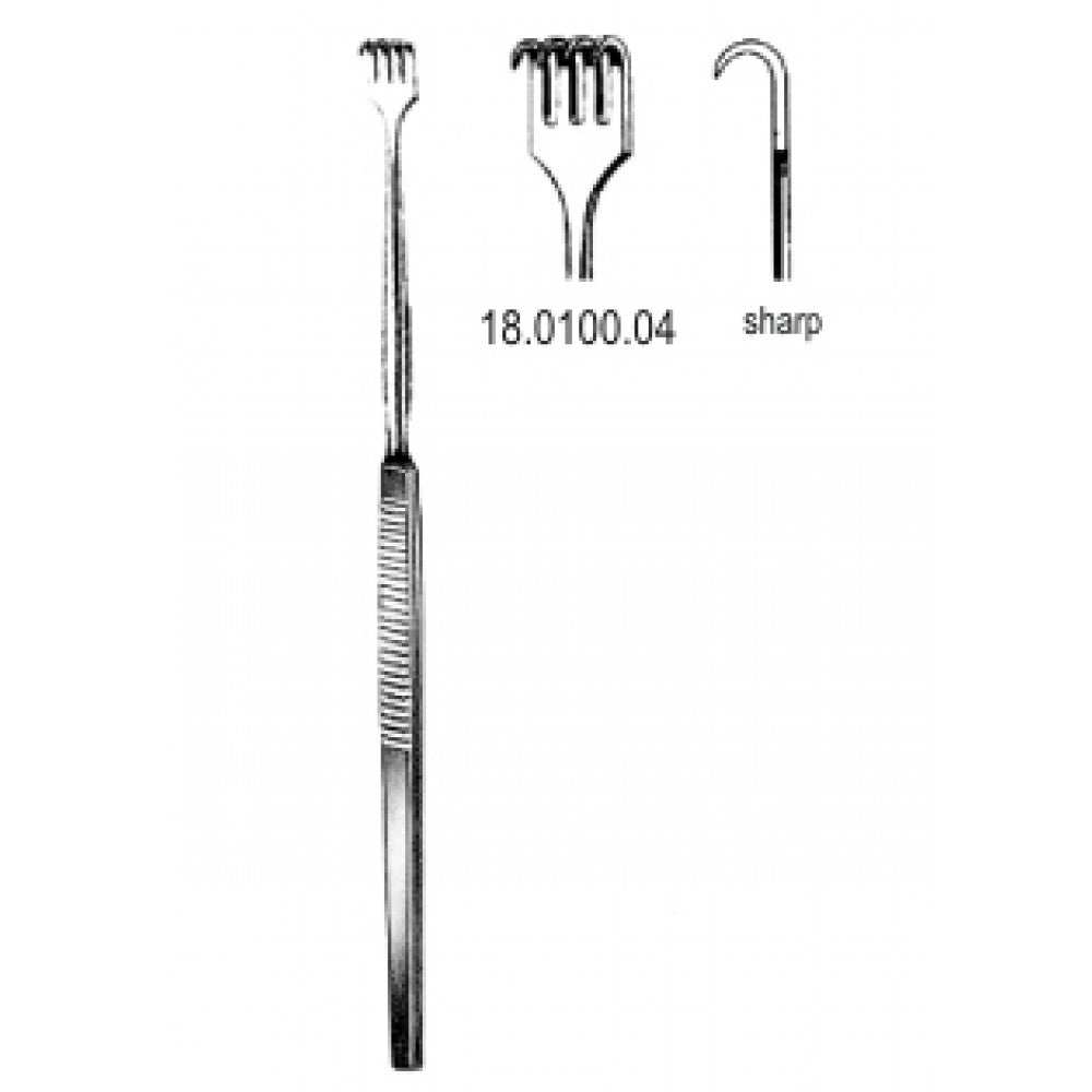 Hook Retractor 4.prong sharp 16cm - Surgix Instruments