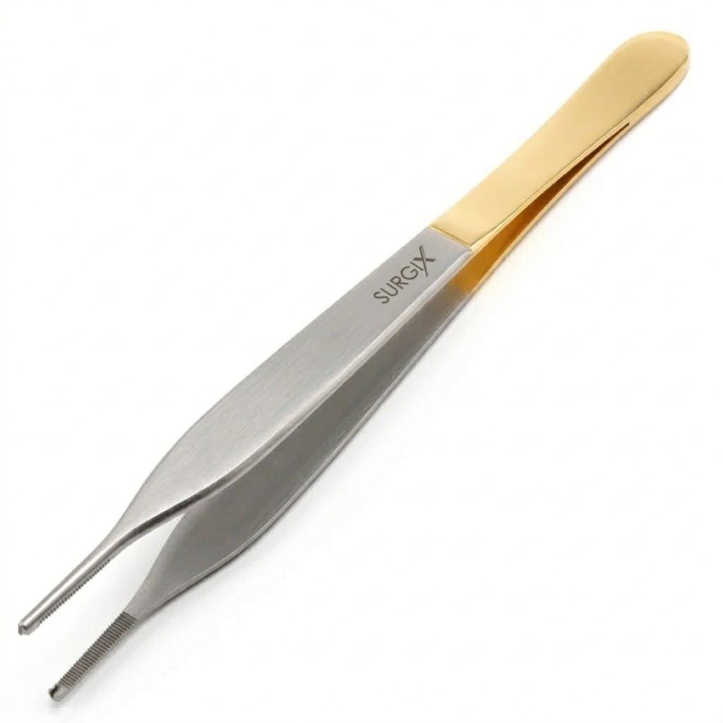Surgix tweezers with gold handle on a white background - Adson TC Dissecting Forceps – 1x2 Teeth