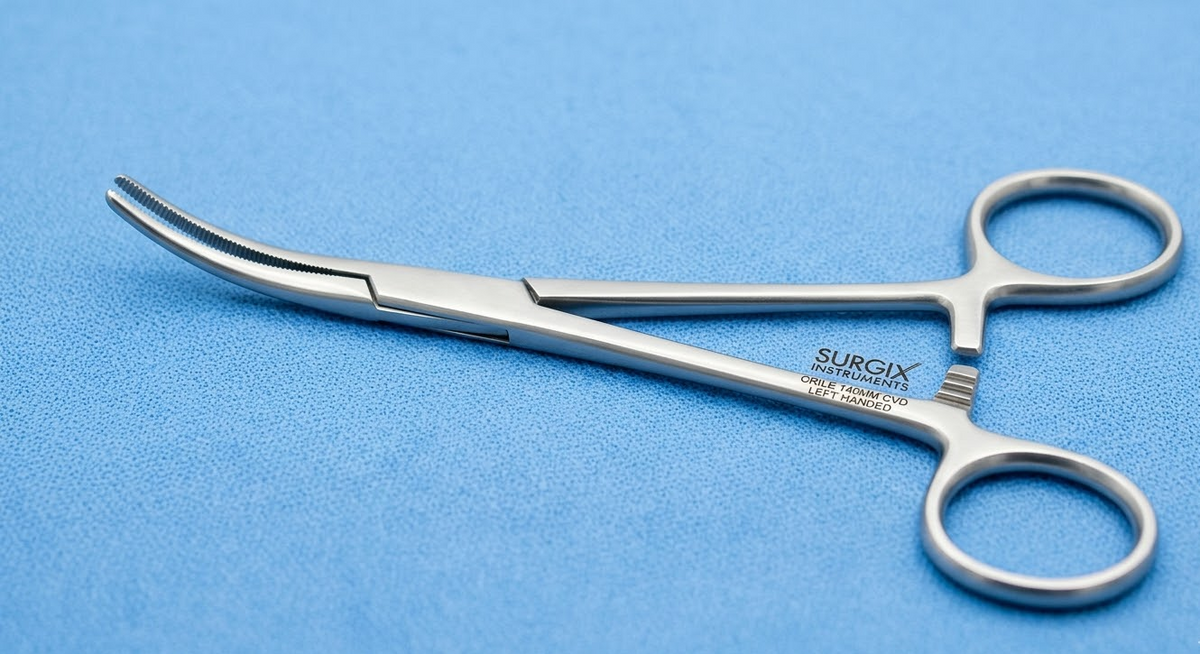 Surgical scissors with 'Surxix' branding on a blue background CRILE ARTERY FORCEPS 140MM CVD LEFT HANDED