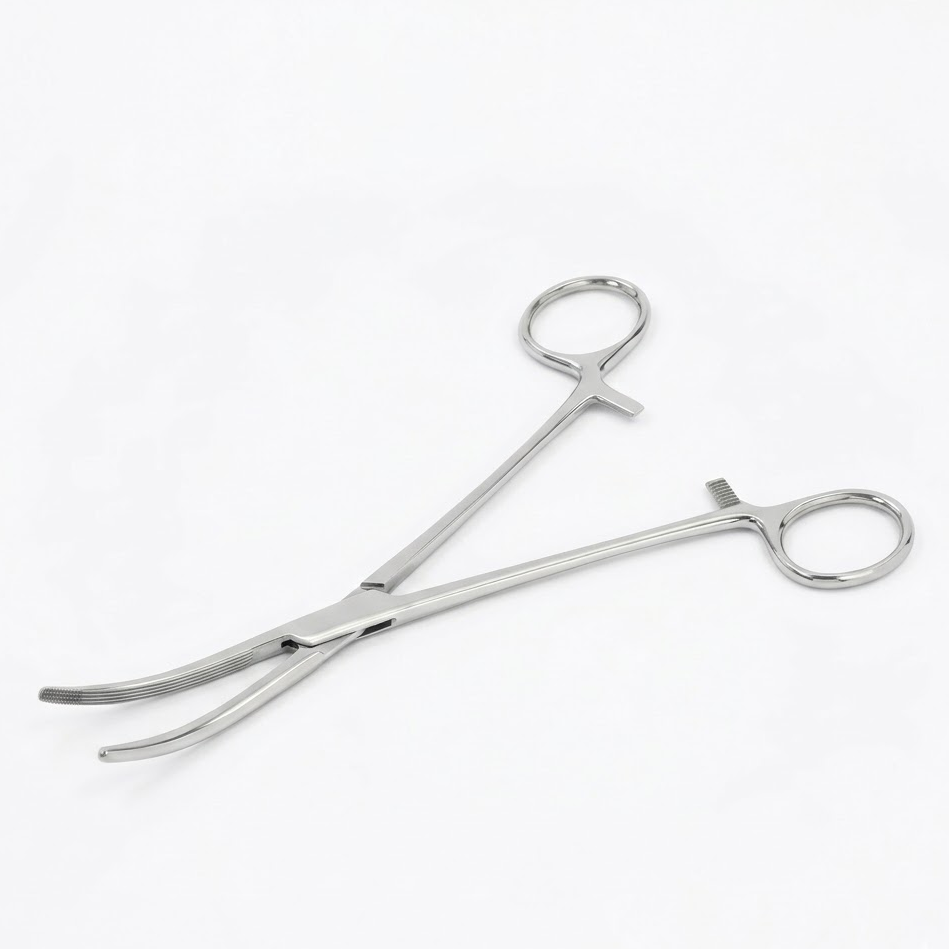 Metallic forceps on a white background - Carmalt Forceps 200mm Curved – Large Professional Grade Hemostat