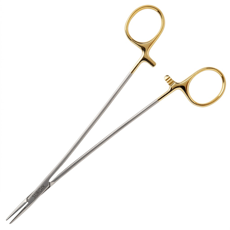 Debakey Needle Holder – Tungsten Carbide | Surgix Instruments Pair of surgical forceps with gold handles on a white background