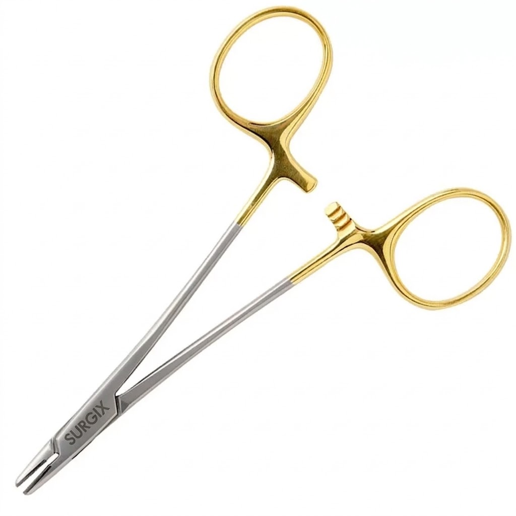 Derf Needle Holder | Surgix Instruments Surgical scissors with gold handles on a white background