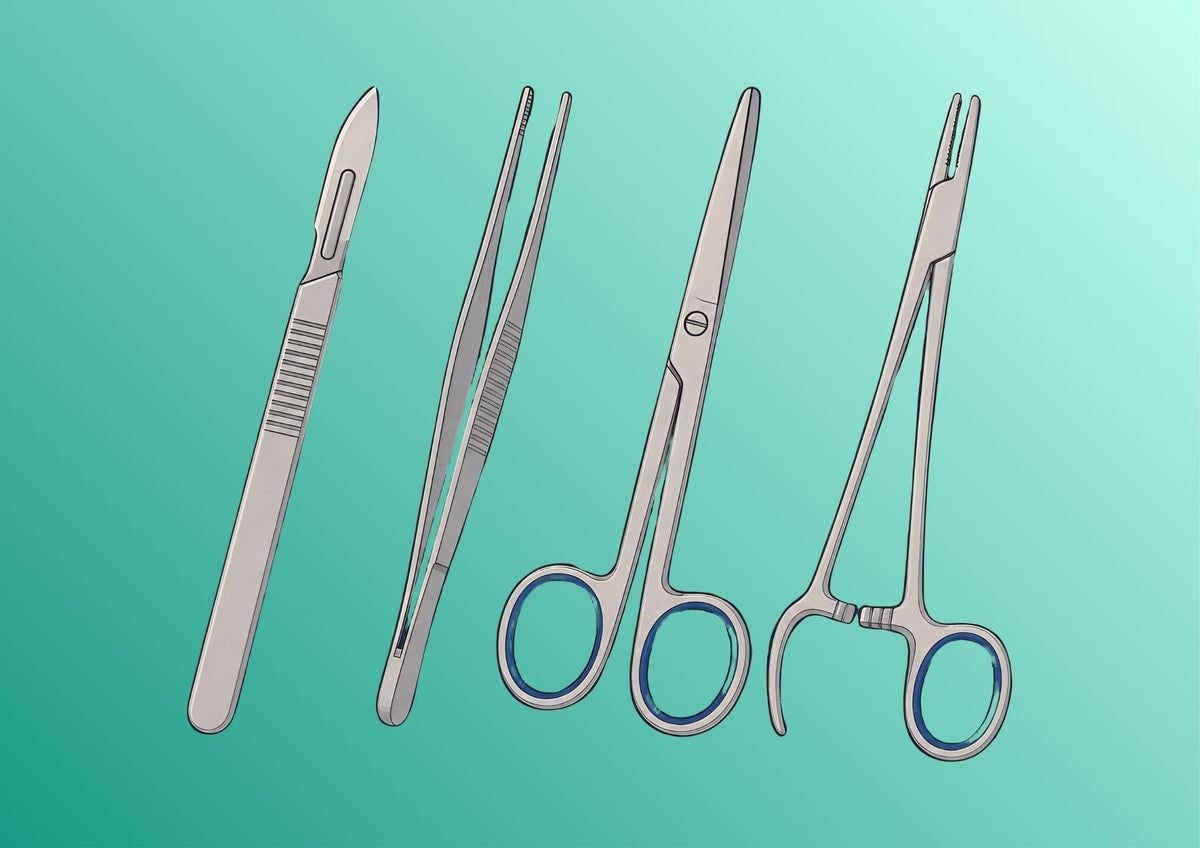 Four stainless steel surgical tools on a teal gradient background: a scalpel, forceps, scissors, and a clamp - surgix instruments