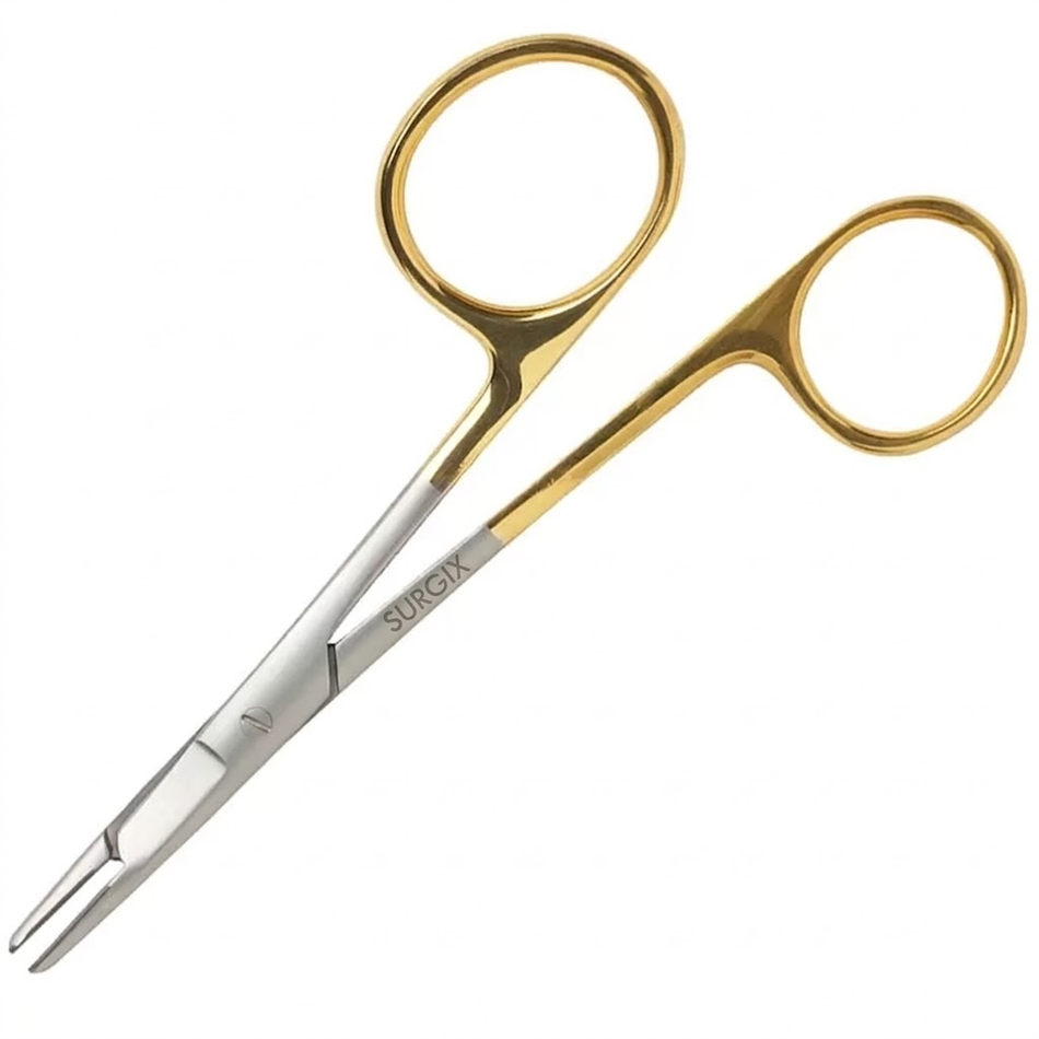 Gillies Needle Holder | TC & Stainless Steel | Veterinary & Surgical | Surgix
Pair of surgical scissors with gold handles on a white background