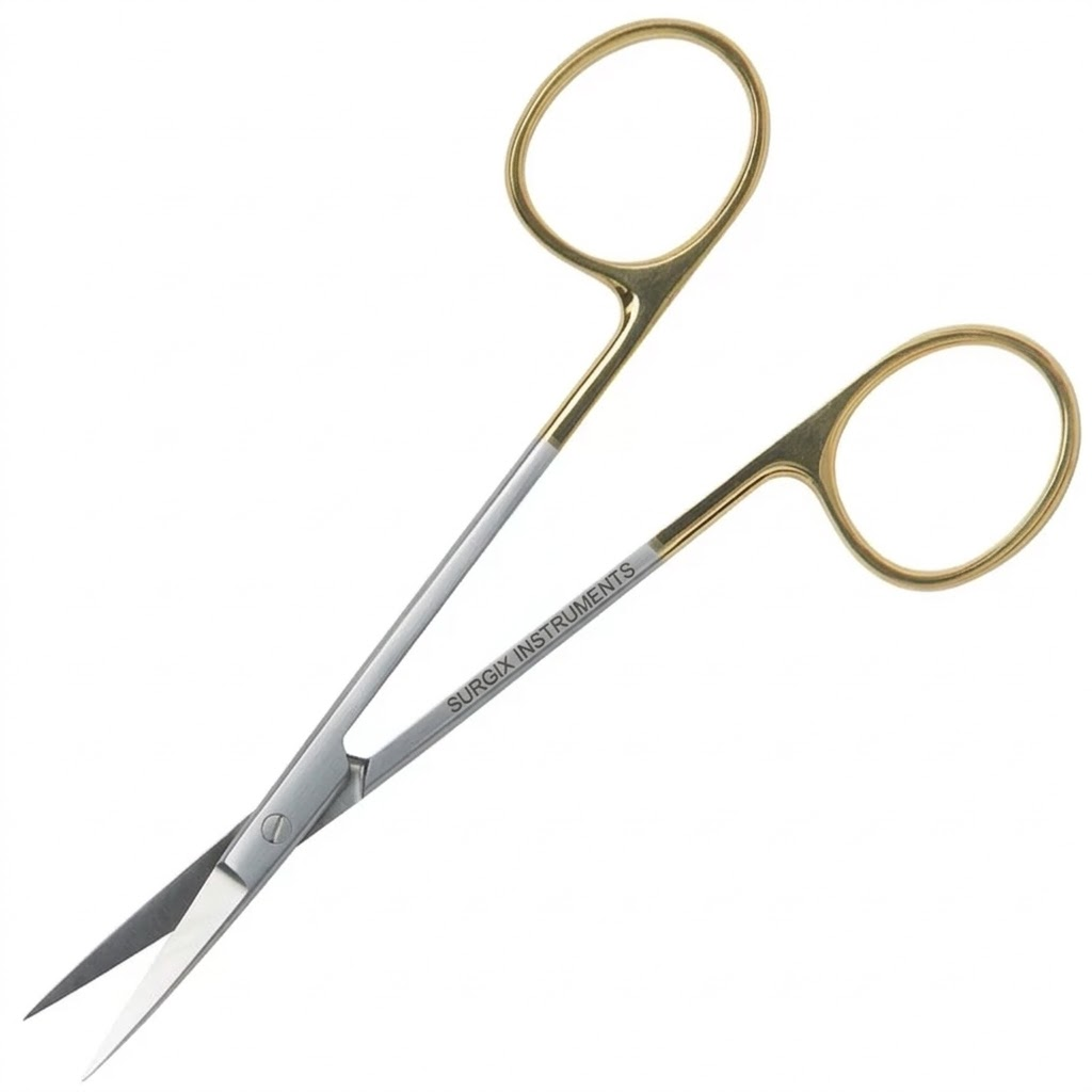 Pair of surgical scissors with gold handles on a white background - Iris Scissors – Tungsten Carbide - STR & CVD