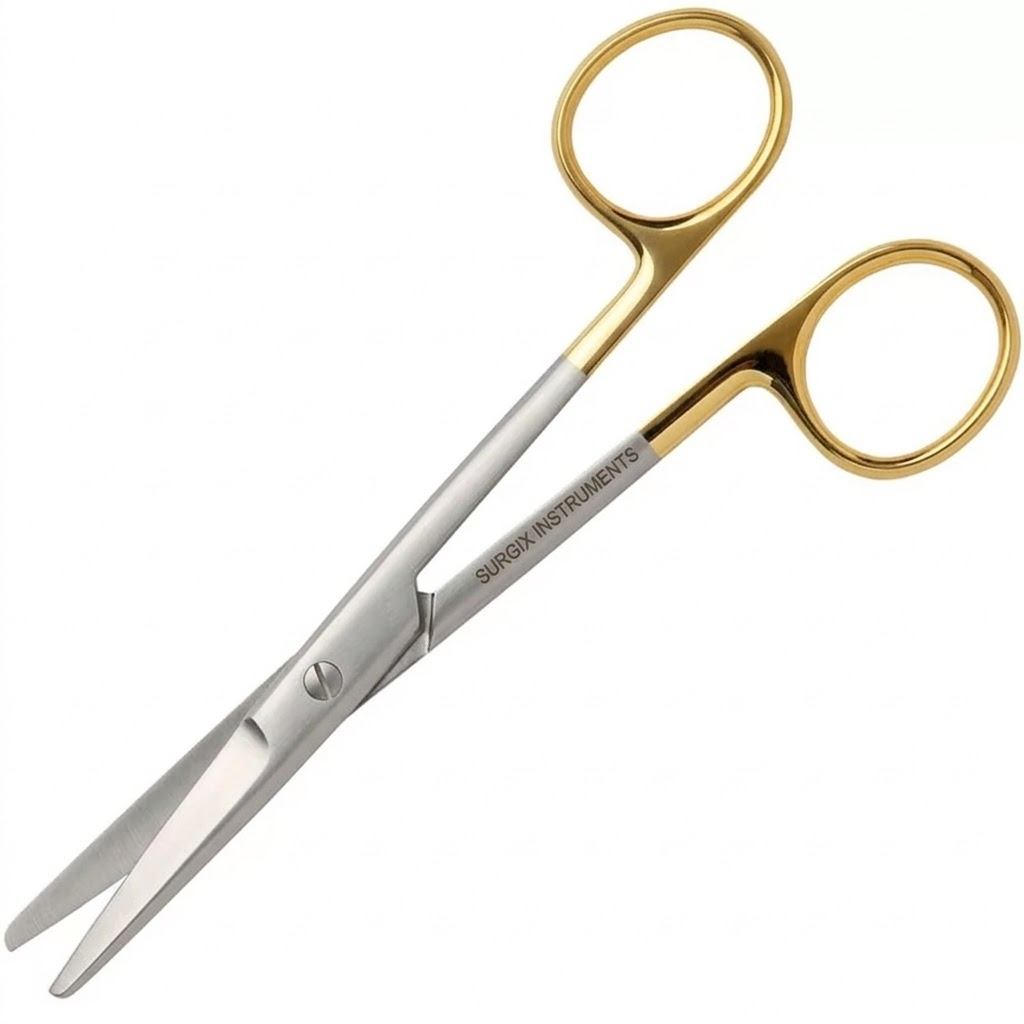 Pair of surgical scissors with gold handles on a white background - Mayo Scissors Tungsten Carbide