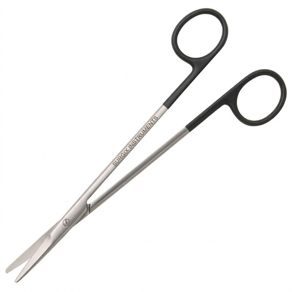 Pair of surgical scissors with black handles on a white background - Mayo SuperCut Scissors 