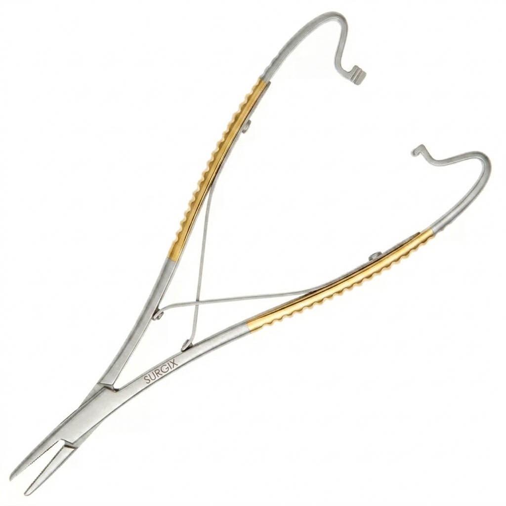 McPhail’s needle holder by Surgix Instruments – Standard or TC jaws. Ratcheted, curved shanks for deep access. Vet & human surgery. Autoclavable. Surgix Instruments
