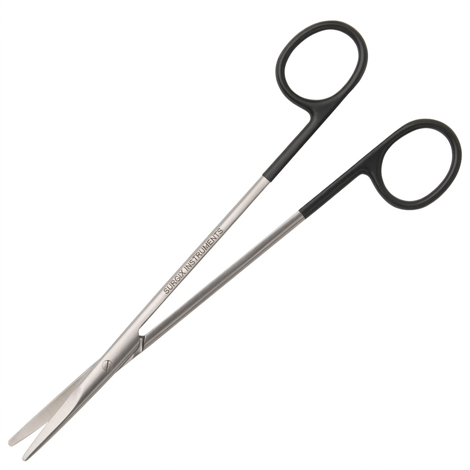 Pair of surgical scissors with black handles on a white background - Metzenbaum SuperCut Scissors